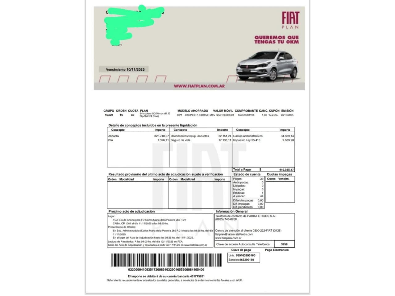 Fiat Plan 84 Cuotas 80/20 44 Cuotas Pagas. Está Al Día